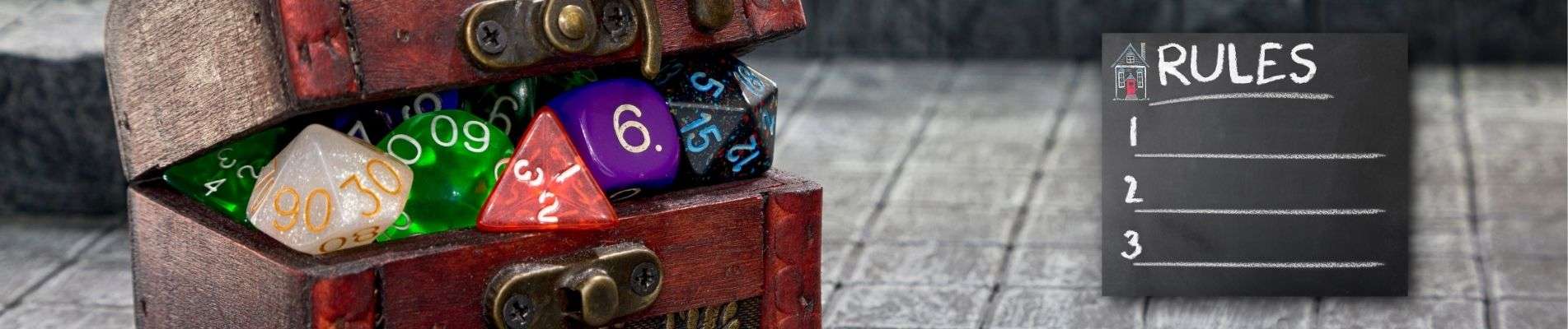 DnD House Rules Featured Image. Chest full of dice.